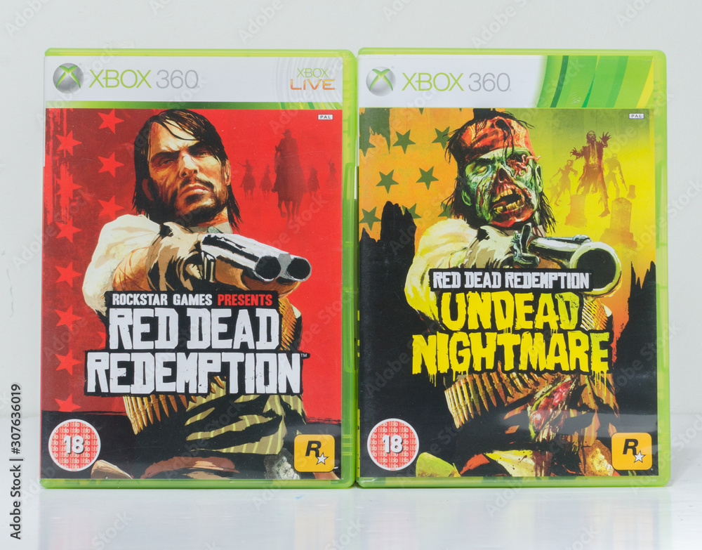 london, england, 05/05/2018 Rockstar video games for the xbox 360. red dead  redemption and red dead redemption undead nightmare classic adventure games  isolated on white. Stock Photo | Adobe Stock