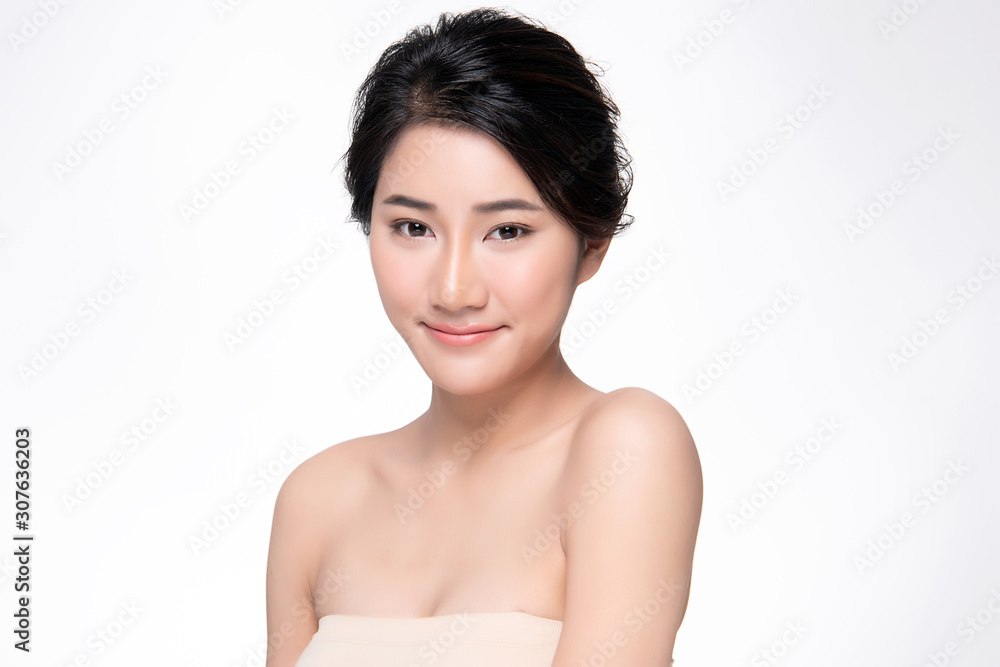 Beautiful Young Asian Woman with Clean Fresh Skin. Face care, Facial treatment, on white background, Beauty and Cosmetics Concept. Beautiful Young Asian Woman with Clean Fresh Skin. Face care, Facial treatment, on white background, Beauty and Cosmetics Concept.