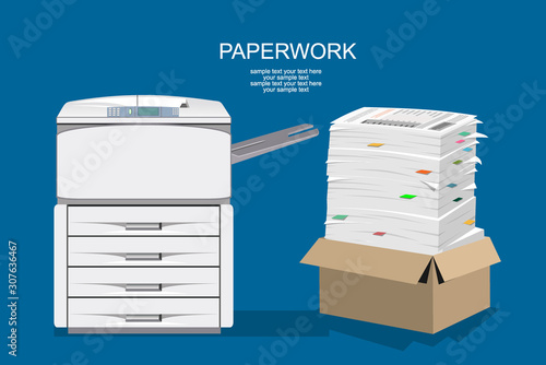 Office multifunction machine. Pile of paper documents. Bureaucracy, paperwork, office. Printer copy scanner device. Proffesional printing station. Vector illustration in flat style