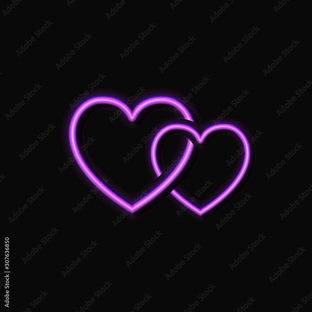 Vector Couple of the Neon Shining Hearts Isolated on Dark Background, Valentines Day, Wedding Party. Vector Couple of the Neon Shining Hearts Isolated on Dark Background, Valentines Day, Wedding Party.
