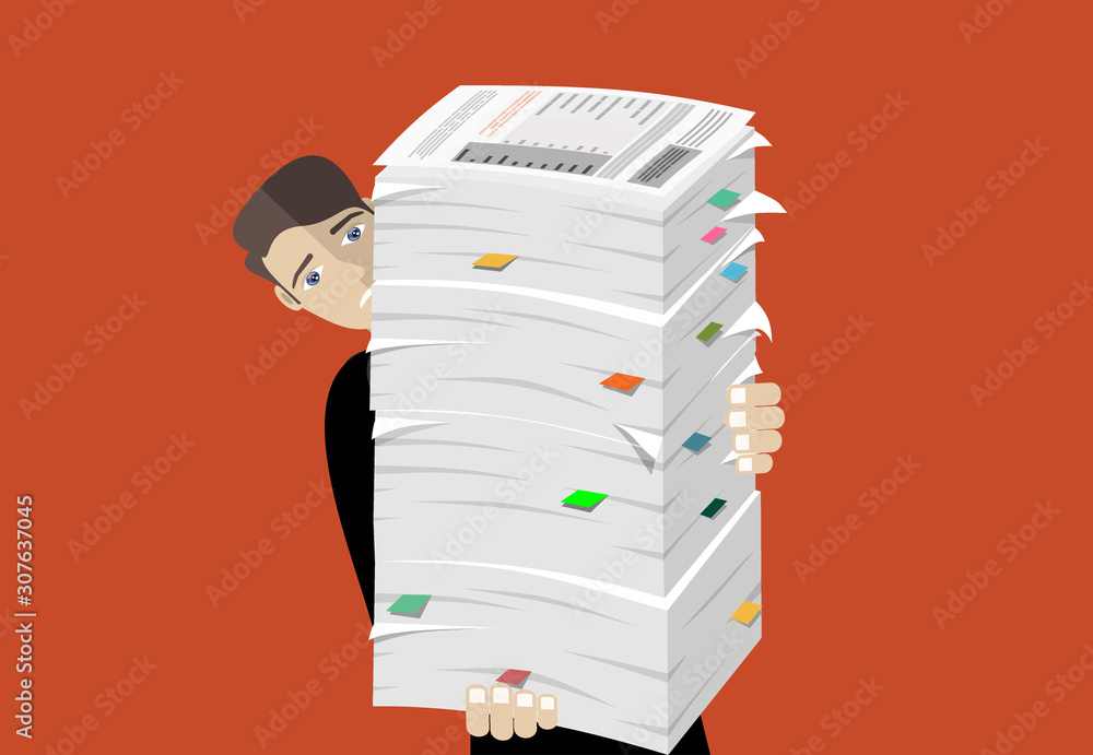 Busy businessman with pile of documents. Overworked employee. Bureaucracy. Vector flat design. Busy businessman with pile of documents. Overworked employee. Bureaucracy. Vector flat design.