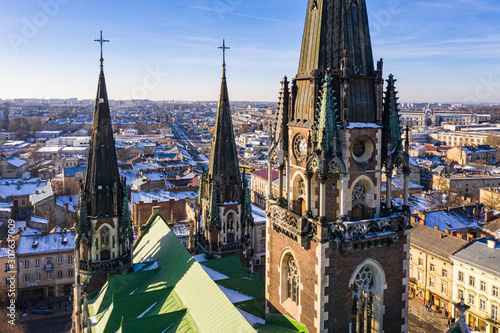 Aerial veiw on Elizabeth church in Lviv, Ukraine from drone. Closeup