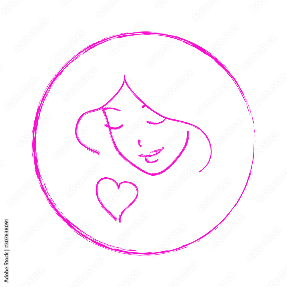 Vector sketch style hand-drawn smiling girl face outlines and a heart symbol in a circle frame. 