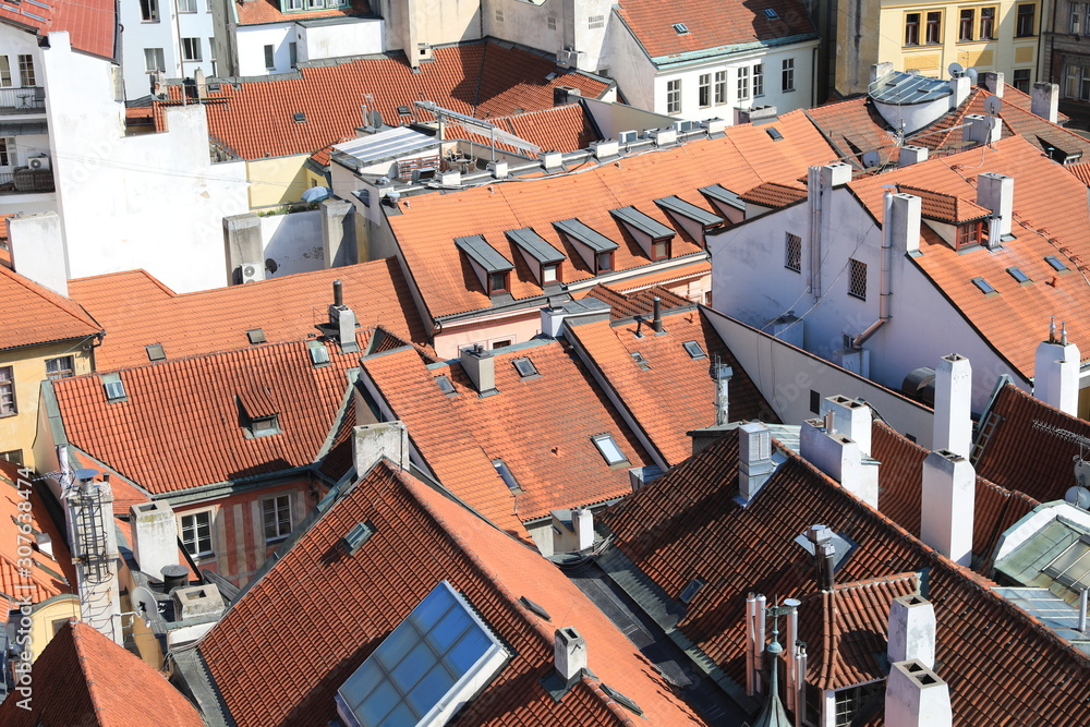 Classic Prague - aerial view to old roof buildings and street , Czech Republic Classic Prague - aerial view to old roof buildings and street , Czech Republic