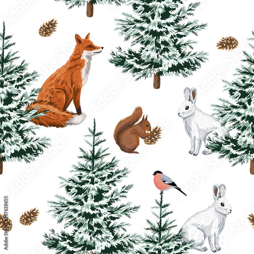 Christmas trees, red fox, white rabbit, squirrel and bullfinch floral seamless pattern white background. Winter forest wallpaper.