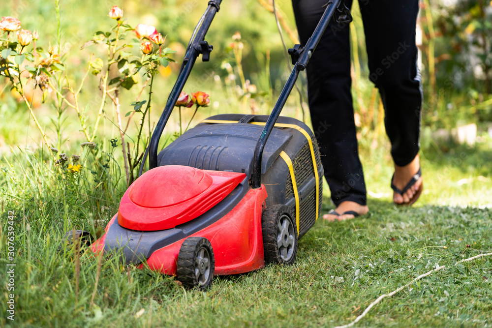 Obraz premium Closeup of a man with a lawn mower cutting the grass. Selective focus. Red special manual technic.