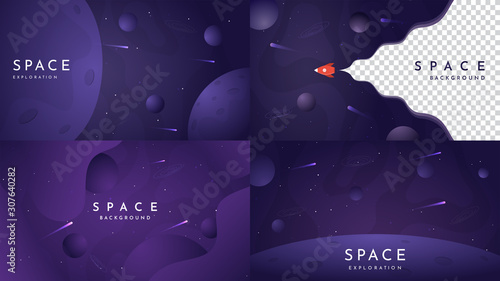 Space exploration concept. Color wallpapers set. Dark background with white wave for text. Flat design template of gift cards, cover, banner, invitation, poster, landing page, website or game layout. 