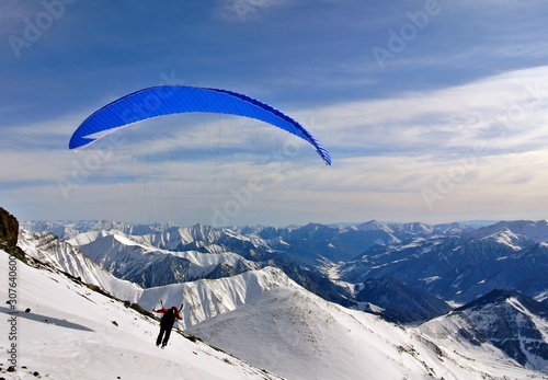 view of paragliding over mountains at Gudauri, Georgia