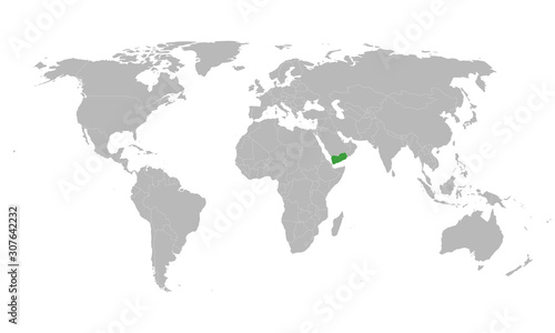 Yemen map marked green on world map with gray background.