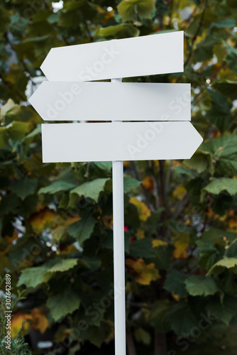 white and empty directional arrows near green leaves