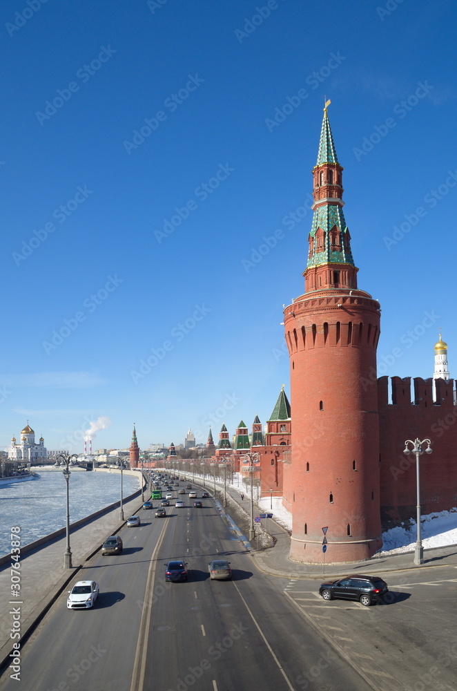 Spring view of the Kremlin embankment and the towers of the Moscow Kremlin, Russia