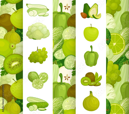A poster with various green fruits and vegetables combined with a seamless background. Vector banner on the theme of vegetarianism and veganism. Green diet.