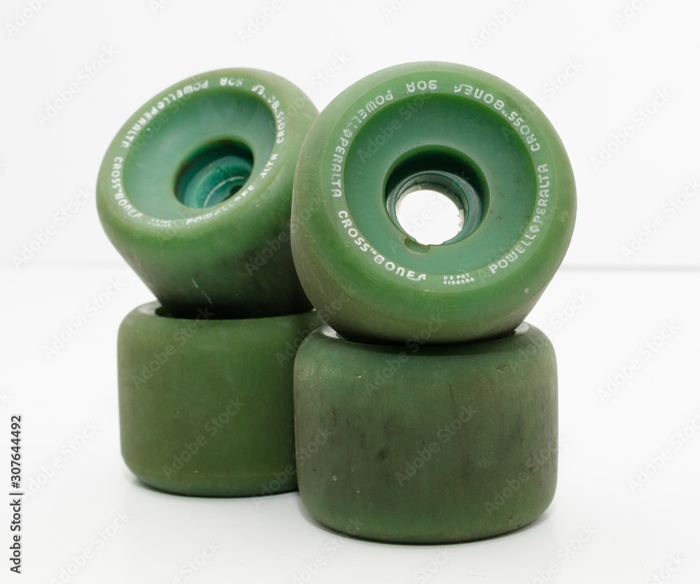 london, england, 05/05/2018 Retro vintage 1980s powell peralta cross bones  60mm 90a skateboarding wheels. Large skate wheels used for street skating  and vert ramp skating. Stock Photo | Adobe Stock