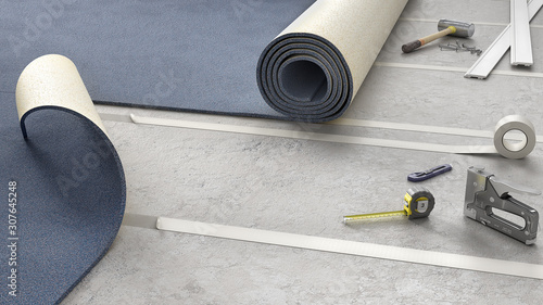 Slika na platnu Process of carpeting on adhesive tape, 3d illustration