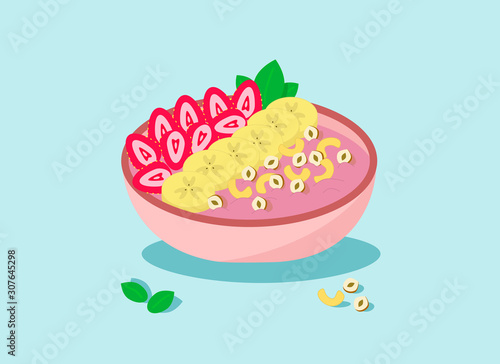 Breakfast Smoothies Bowl with strawberry, banana, hazelnut, cashews and mint leaves  - healthy food that can help in weight loss and boost your energy.