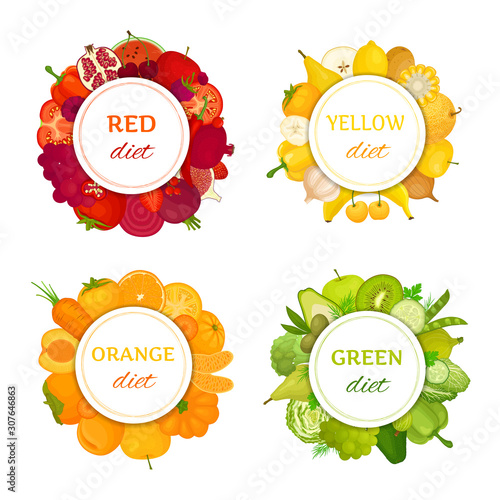 Set of round frames of fruits and vegetables of different colors. Vector stickers on the theme of healthy eating and vegetarianism isolated on white background. Multi-colored diets. Border of food.
