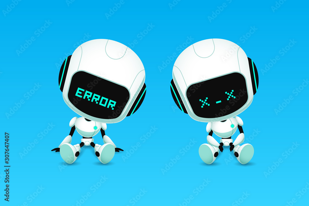 Set of cute robot ai character error and crash action Set of cute robot ai character error and crash action