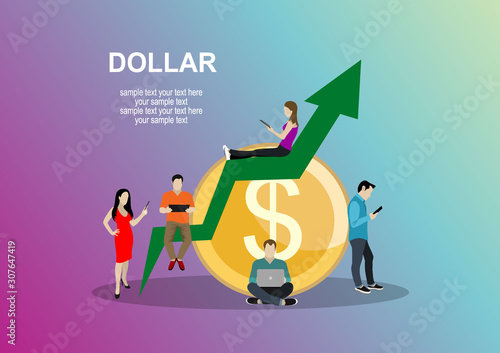 Dollar concept vector illustration of young people using laptop and smartphone for online funding and making investments for dollar. Flat design.