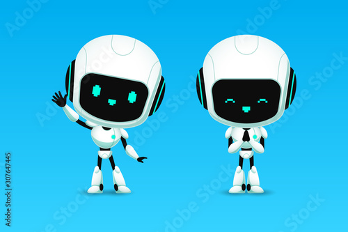 Set of cute robot ai character, greeting and pay respect action
