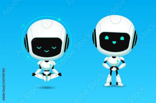 Set of cute robot ai character meditation and confidence action