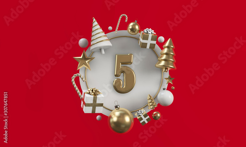 The 12 days of christmas. 5th day festive circle background. 3D Render photo