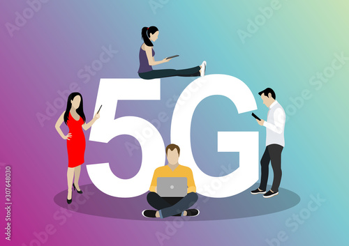 People with gadgets sitting on the big 4G symbol. Addicted to networks people concept illustration of young men and women using high speed wireless connection 5G via mobile smartphone