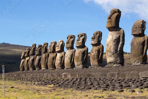 The moais stone platform of Ahu Tongariki on the south coast of Easter Island. Easter Island, Chile