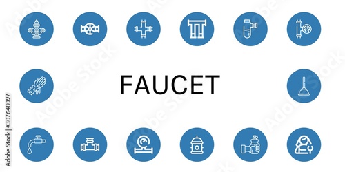 Set of faucet icons such as Hydrant, Valve, Pipe, Pipes, Tap, Water meter, Water, Plumber, Hand washing, Plunger , faucet