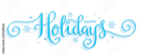 HAPPY HOLIDAYS vector brush calligraphy banner with snowflakes