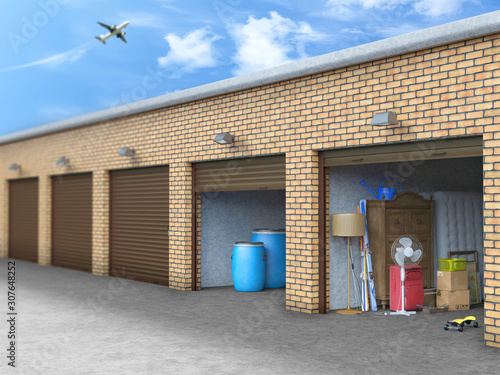 Schilderij op canvas storage outdoor with open doors 3d illustration