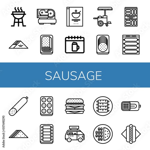 Set of sausage icons such as Charcoal grill, Sandwich, Slicer, Meatloaf, Cereals, Oktoberfest, Hot dog, Sausage, Snack, Smoked sausage, Meatball, Ribs, Cheeseburger ,