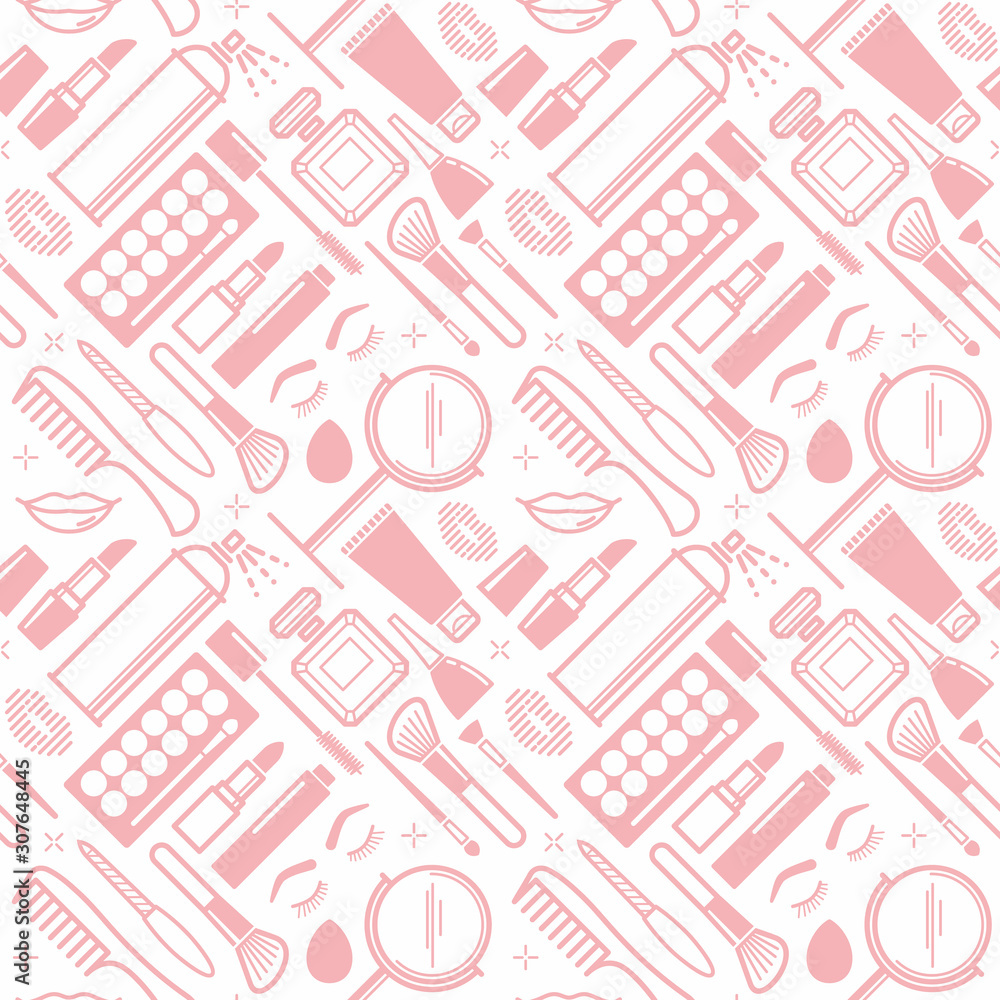 Makeup and cosmetics seamless pattern. Beauty and fashion vector symbols.