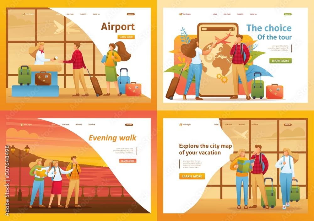 Set 2D Flat concepts tourists on vacation and at the airport. For Landing page concepts and web design Set 2D Flat concepts tourists on vacation and at the airport. For Landing page concepts and web design