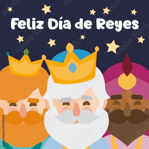 The three kings of orient, Melchior, Gaspard and Balthazar, on a blue background. Christmas vectors. Happy Epiphany written in Spanish