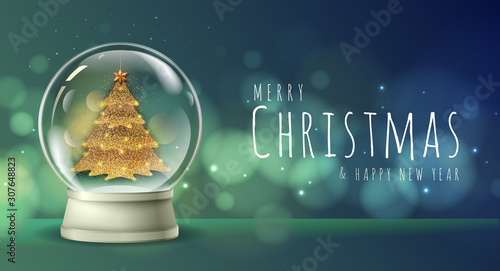 Realistic vector illustration of snow globe with golden christmas tree inside. Blurred holiday christmas sparkle background