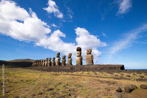 The moais stone platform of Ahu Tongariki on the south coast of Easter Island. Easter Island, Chile