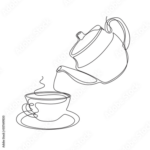 Tea is pouring into a cup from a teapot. Kettle and cup.