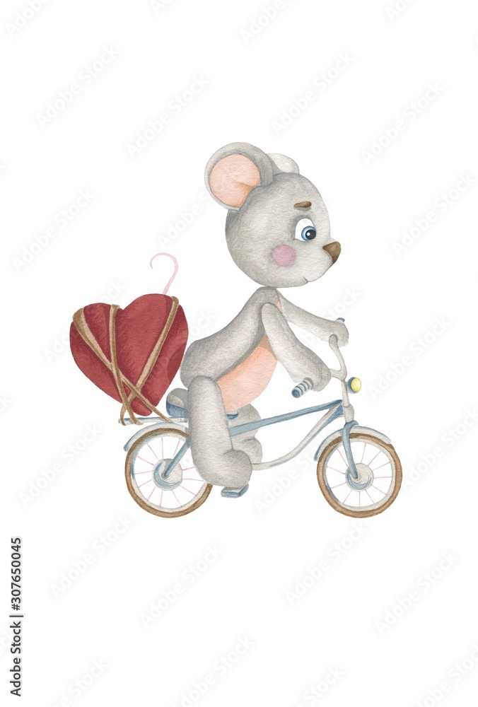 Hand drawn watercolor isolated illustration on the white flat background. Valentine's day greeting card animals with big red hearts Hand drawn watercolor isolated illustration on the white flat background. Valentine's day greeting card animals with big red hearts