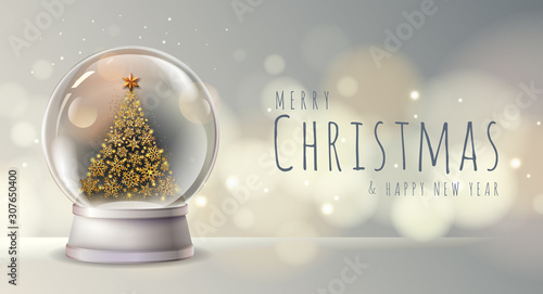 Realistic vector illustration of snow globe with golden christmas tree inside. Blurred holiday christmas sparkle background photo