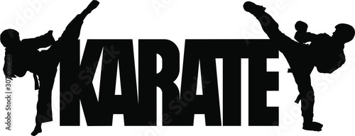 Karate inscription and silhouettes of two athletes kicking a high kick
