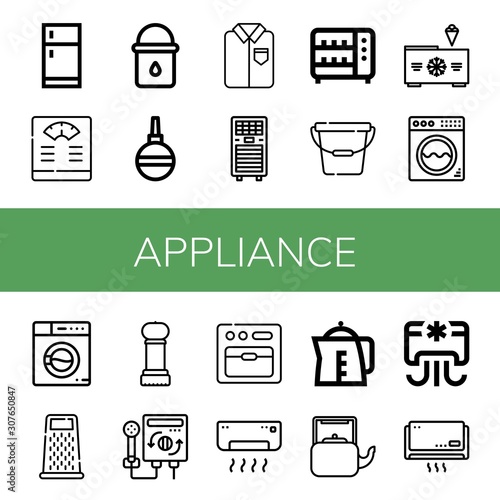 Set of appliance icons such as Fridge, Bathroom scale, Water bucket, Pear Enema, Ironed, Air conditioner, Toaster, Bucket, Freezer, Washing machine, Grater, Grinder , appliance