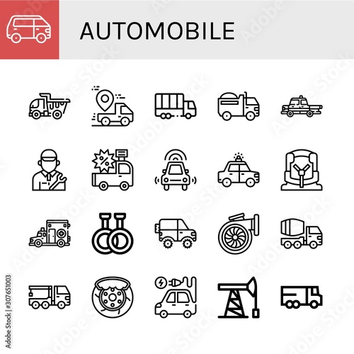 Set of automobile icons such as Van, Dump truck, Truck, Taxi, Mechanic, Car, Autonomous car, Police car, seat, Ambulance, Rubber, Jeep, Turbo, Concrete mixer , automobile