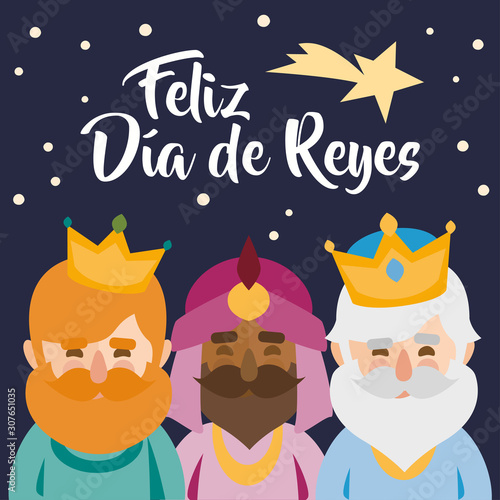 The three kings of orient, Melchior, Gaspard and Balthazar, on a blue background. Christmas vectors. Happy Epiphany written in Spanish