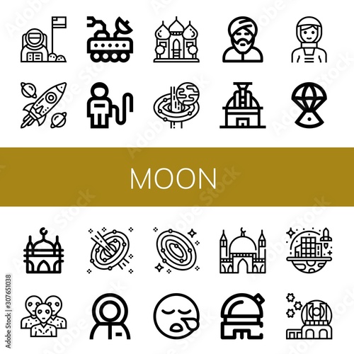 Set of moon icons such as Astronaut, Spacecraft, Moon rover, Mosque, Black hole, Muslim, Observatory, Space capsule, Alien, Space, Galaxy, Sleeping, Space colonization , moon