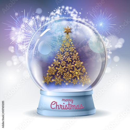 Realistic vector illustration of snow globe with golden christmas tree inside. Holiday firework  background photo