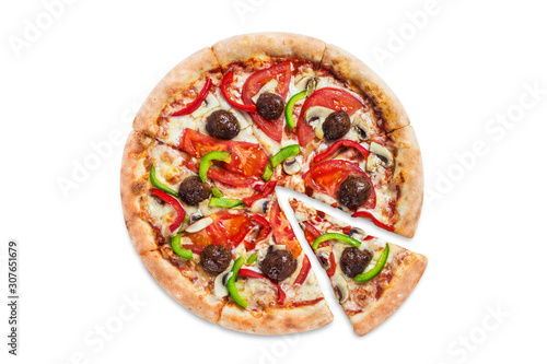Delicious pizza with meatballs, mushrooms, tomatoes, peppers and mozzarella, isolated on white background