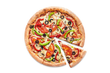 Delicious vegetarian pizza with champignon mushrooms, tomatoes, mozzarella, peppers and black olives, isolated on white background