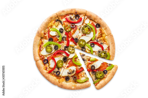 Delicious pizza with chicken fillet, champignon mushrooms, tomatoes, peppers, jalapeno and mozzarella, isolated on white background