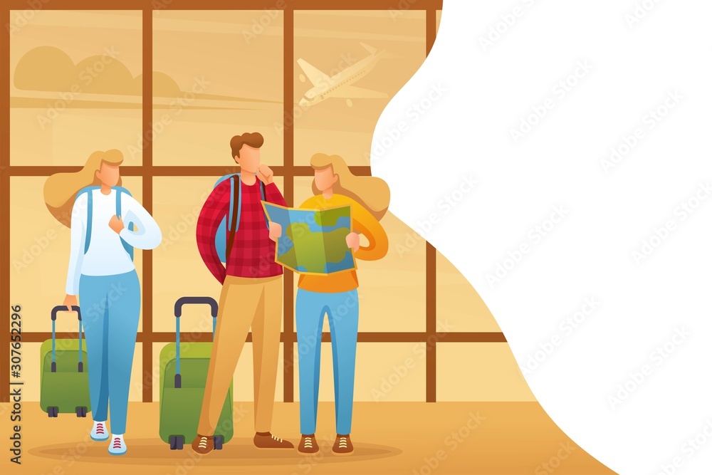 Explore the city map of your holiday, tourists explore the map at the airport. Flat 2D character. Concept for web design Explore the city map of your holiday, tourists explore the map at the airport. Flat 2D character. Concept for web design