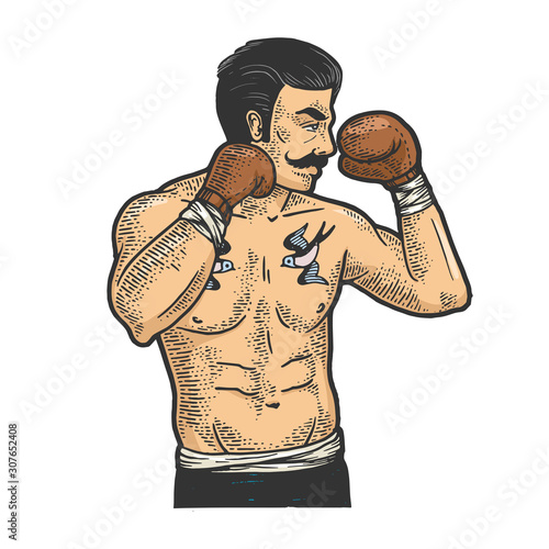 Vintage boxer fighter with mustache sketch engraving vector illustration. T-shirt apparel print design. Scratch board imitation. Black and white hand drawn image.